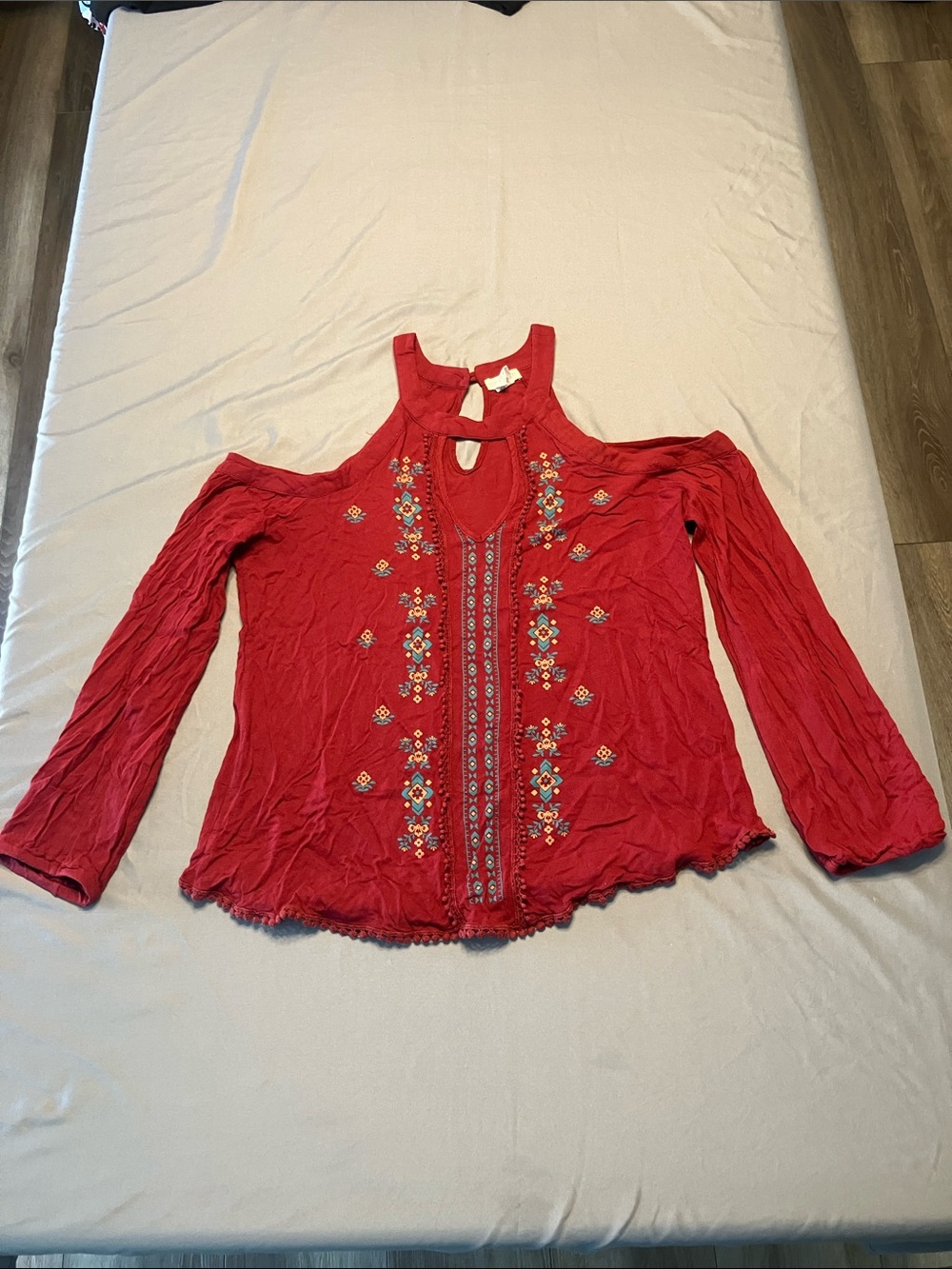 Red Embroidered Cold-Shoulder Keyhole Blouse